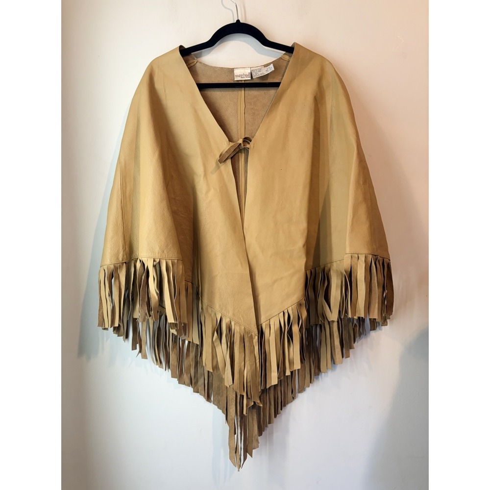 Vintage Newport News Leather Fringe Poncho Cape Boho Western One Size Festival